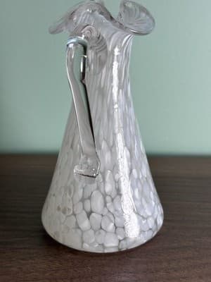Hand Blown Small Glass Spatter White Vase Pitcher Style Ruffled Top Art - Thumbnail 3