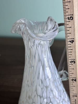 Hand Blown Small Glass Spatter White Vase Pitcher Style Ruffled Top Art - Thumbnail 8