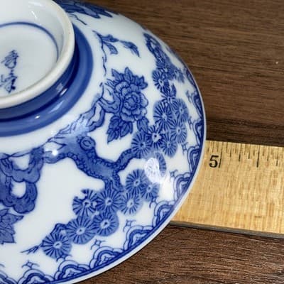 Small Vintage Chinese Porcelain Footed Blue & White Rice Bowl Boys Butterflies - Thumbnail 9