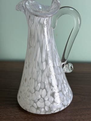Hand Blown Small Glass Spatter White Vase Pitcher Style Ruffled Top Art - Thumbnail 4