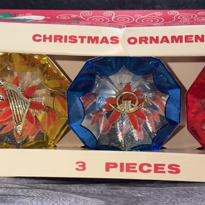 VTG Christmas Jewelbrite Unbreakable Reflector Jumbo Diorama Ornaments in Box - Thumbnail 3