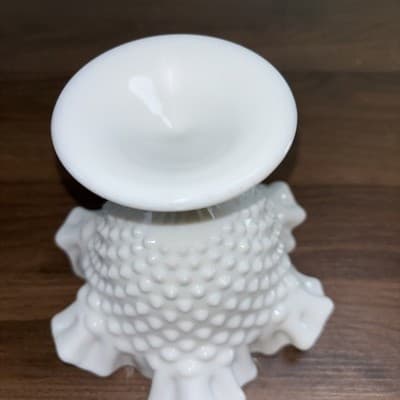 Fenton Milk Glass Hobnail Ruffled Pedestal Compote Candy Dish 6" Tall - Thumbnail 10
