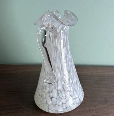 Hand Blown Small Glass Spatter White Vase Pitcher Style Ruffled Top Art - Thumbnail 2