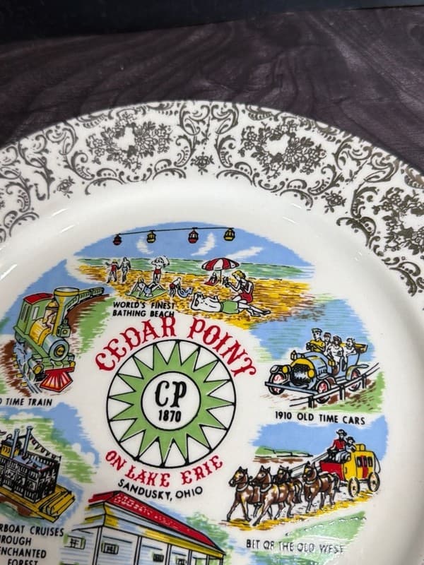 Vintage Cedar Point Souvenir Plate with Gold Filigree Rim, 9 Inch - Thumbnail 5