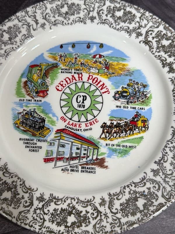 Vintage Cedar Point Souvenir Plate with Gold Filigree Rim, 9 Inch - Thumbnail 2