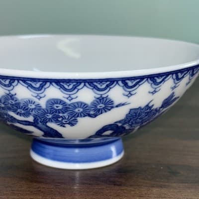 Small Vintage Chinese Porcelain Footed Blue & White Rice Bowl Boys Butterflies - Thumbnail 5
