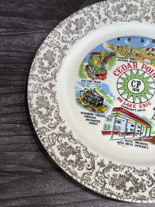 Vintage Cedar Point Souvenir Plate with Gold Filigree Rim, 9 Inch - Thumbnail 3