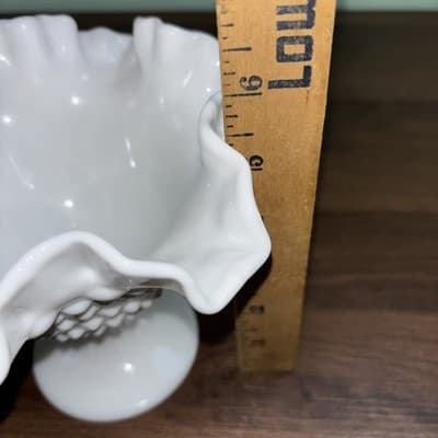 Fenton Milk Glass Hobnail Ruffled Pedestal Compote Candy Dish 6" Tall - Thumbnail 14