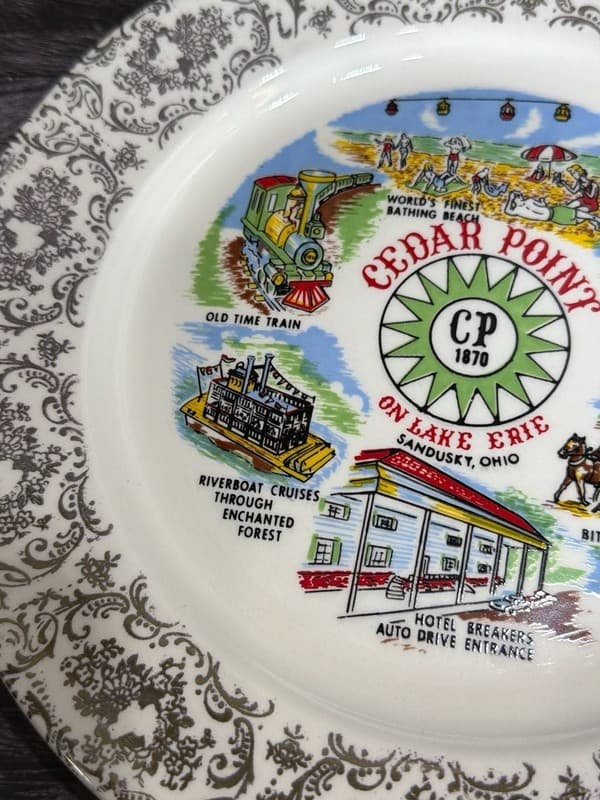 Vintage Cedar Point Souvenir Plate with Gold Filigree Rim, 9 Inch - Thumbnail 4
