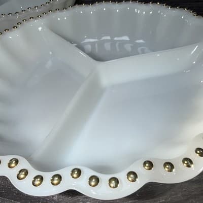 VTG Matching Set Milk Glass Divided Relish Trays Gold Dot Trim Nuts Candy Dish - Thumbnail 3