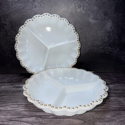 VTG Matching Set Milk Glass Divided Relish Trays Gold Dot Trim Nuts Candy Dish