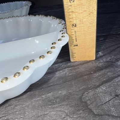 VTG Matching Set Milk Glass Divided Relish Trays Gold Dot Trim Nuts Candy Dish - Thumbnail 7