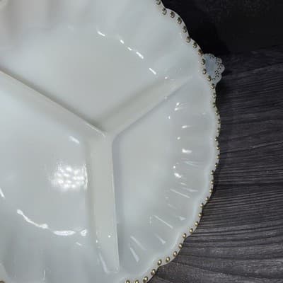 VTG Matching Set Milk Glass Divided Relish Trays Gold Dot Trim Nuts Candy Dish - Thumbnail 10