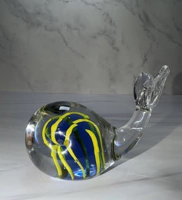 Pele’s Glass Hawaii Blue & Yellow Clear Art Glass Whale Figurine Paperweight