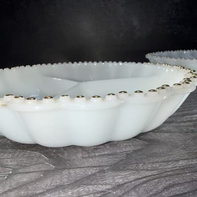 VTG Matching Set Milk Glass Divided Relish Trays Gold Dot Trim Nuts Candy Dish - Thumbnail 13