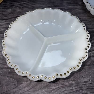 VTG Matching Set Milk Glass Divided Relish Trays Gold Dot Trim Nuts Candy Dish - Thumbnail 11