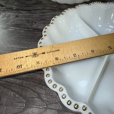 VTG Matching Set Milk Glass Divided Relish Trays Gold Dot Trim Nuts Candy Dish - Thumbnail 8