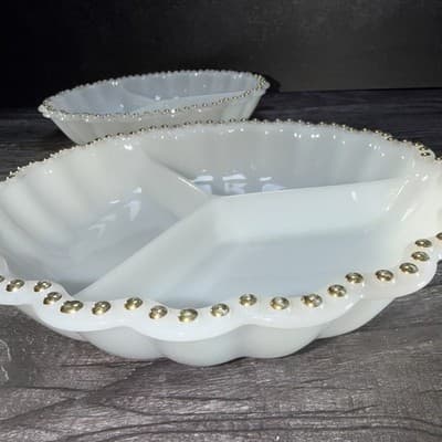 VTG Matching Set Milk Glass Divided Relish Trays Gold Dot Trim Nuts Candy Dish - Thumbnail 5
