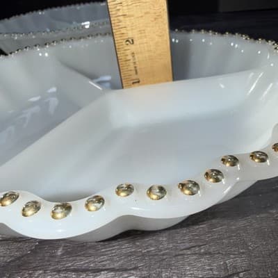 VTG Matching Set Milk Glass Divided Relish Trays Gold Dot Trim Nuts Candy Dish - Thumbnail 6