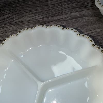 VTG Matching Set Milk Glass Divided Relish Trays Gold Dot Trim Nuts Candy Dish - Thumbnail 15