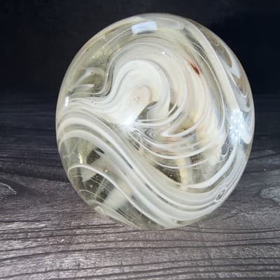 VTG Studio Hand Blown Art Glass Signed White Brown Smoke Swirls Paperweight