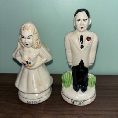 Vintage Before After Bride Groom Time Marches On Salt and Pepper Shakers Japan - Thumbnail 4