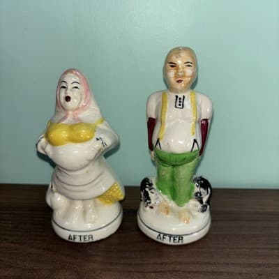 Vintage Before After Bride Groom Time Marches On Salt and Pepper Shakers Japan