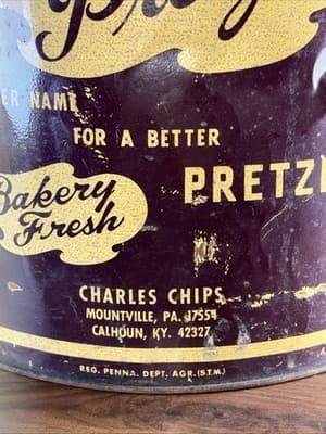 Vintage Charles Chips, Charles Pretzels Extra Large Tin Calhoun KY Mountville PA - Thumbnail 5