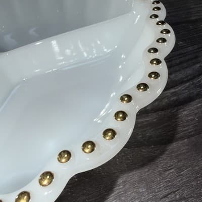 VTG Matching Set Milk Glass Divided Relish Trays Gold Dot Trim Nuts Candy Dish - Thumbnail 12
