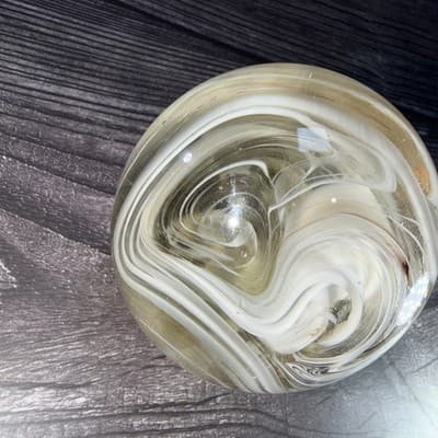 VTG Studio Hand Blown Art Glass Signed White Brown Smoke Swirls Paperweight - Thumbnail 6