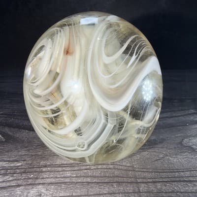 VTG Studio Hand Blown Art Glass Signed White Brown Smoke Swirls Paperweight - Thumbnail 2