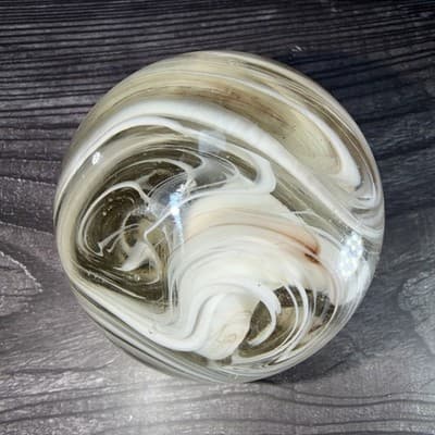 VTG Studio Hand Blown Art Glass Signed White Brown Smoke Swirls Paperweight - Thumbnail 5