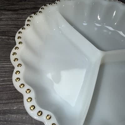 VTG Matching Set Milk Glass Divided Relish Trays Gold Dot Trim Nuts Candy Dish - Thumbnail 14