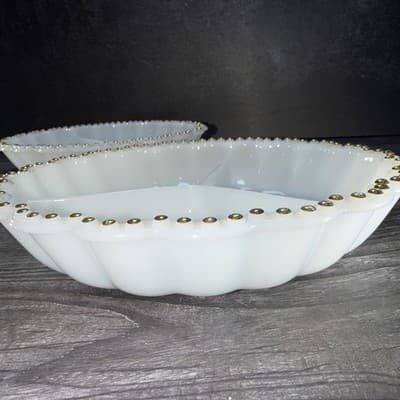 VTG Matching Set Milk Glass Divided Relish Trays Gold Dot Trim Nuts Candy Dish - Thumbnail 4