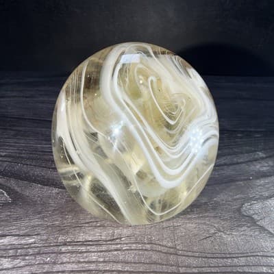 VTG Studio Hand Blown Art Glass Signed White Brown Smoke Swirls Paperweight - Thumbnail 4