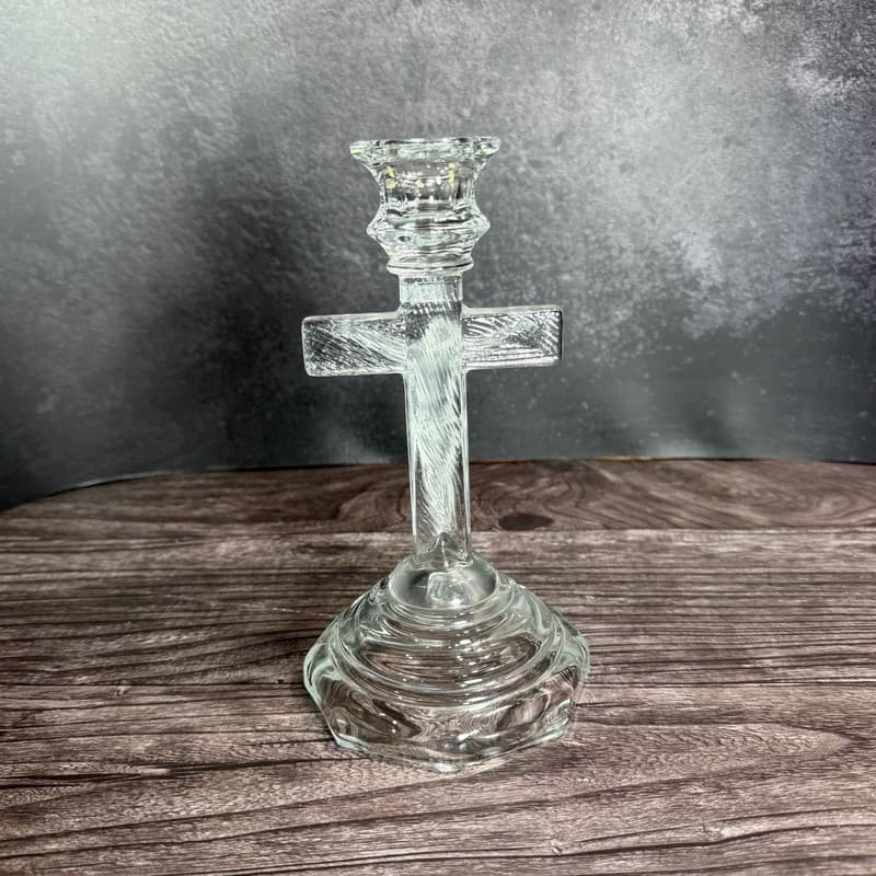 Hoffman Vintage Clear Glass Crucifix Jesus Candlestick Holder 8" - Thumbnail 3