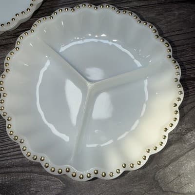 VTG Matching Set Milk Glass Divided Relish Trays Gold Dot Trim Nuts Candy Dish - Thumbnail 2