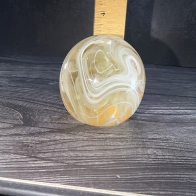 VTG Studio Hand Blown Art Glass Signed White Brown Smoke Swirls Paperweight - Thumbnail 12