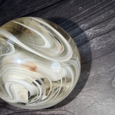 VTG Studio Hand Blown Art Glass Signed White Brown Smoke Swirls Paperweight - Thumbnail 7