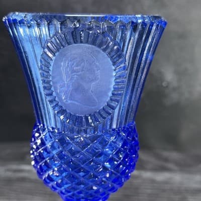 Vintage Avon by Fostoria Glass 8" Cobalt Blue Glass GEORGE WASHINGTON GOBLET - Thumbnail 2