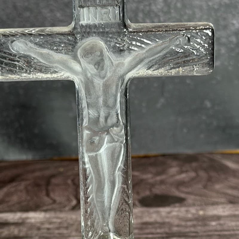 Hoffman Vintage Clear Glass Crucifix Jesus Candlestick Holder 8" - Thumbnail 2
