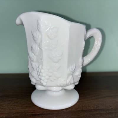VTG Westmoreland Paneled Grape Milk Glass Pedestal Creamer Pitcher Milkglass