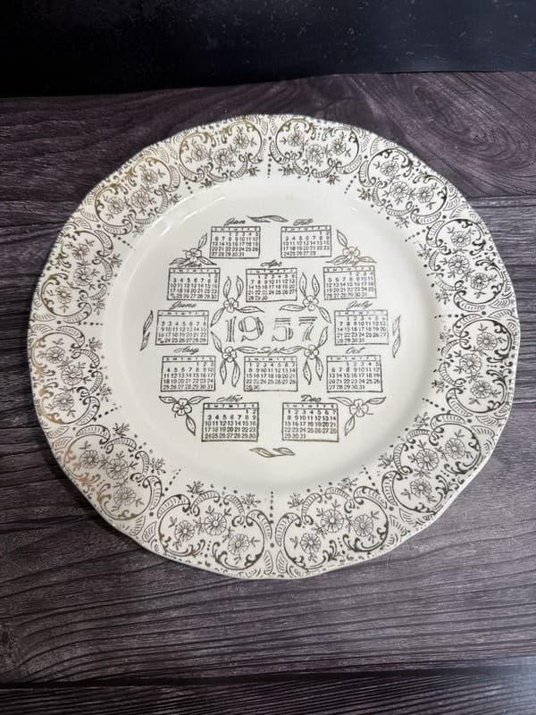 Vintage 1957 Calendar Plate with Gold Filigree Floral Border 10.25”