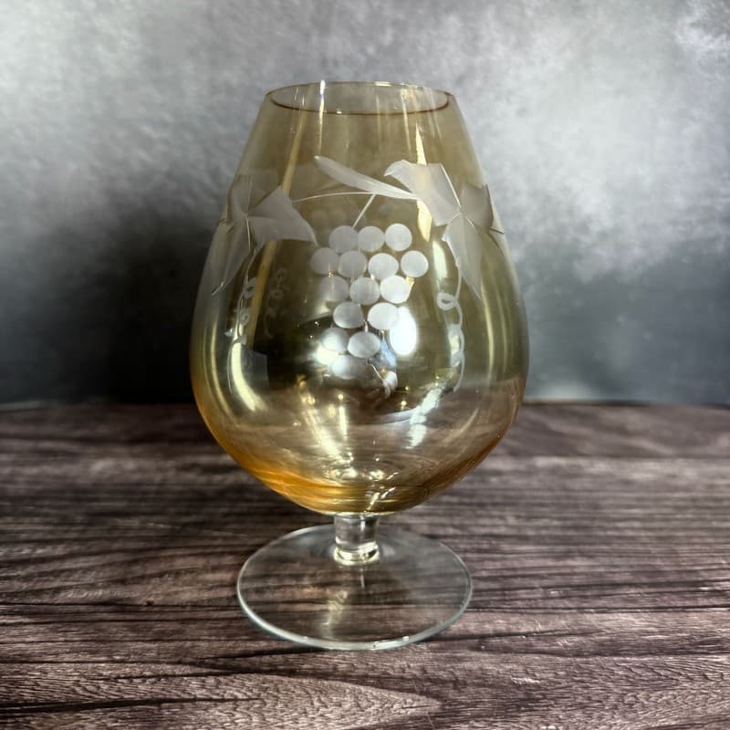 Vintage Bartlett-Collins Amber Glass Brandy Snifter, Etched Golden Grapes Patter