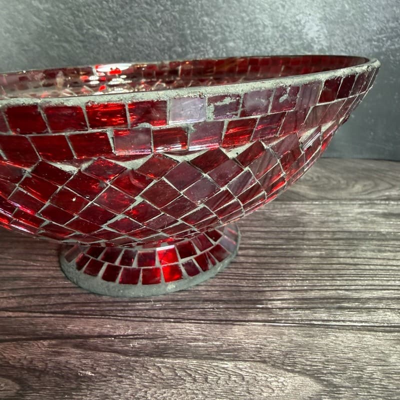 Vintage Red Glass Mosaic Footed Pedestal Decorative Centerpiece Bowl - Thumbnail 6