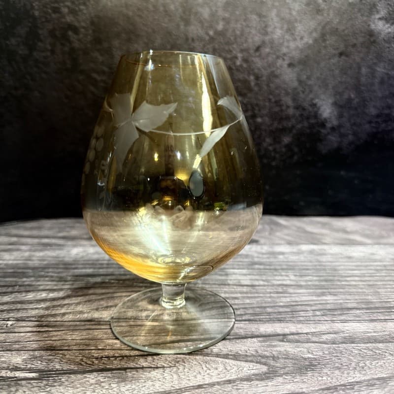 Vintage Bartlett-Collins Amber Glass Brandy Snifter, Etched Golden Grapes Patter - Thumbnail 2
