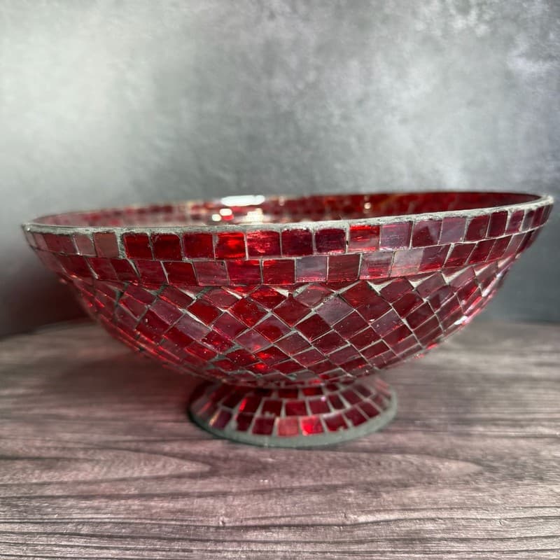 Vintage Red Glass Mosaic Footed Pedestal Decorative Centerpiece Bowl - Thumbnail 9