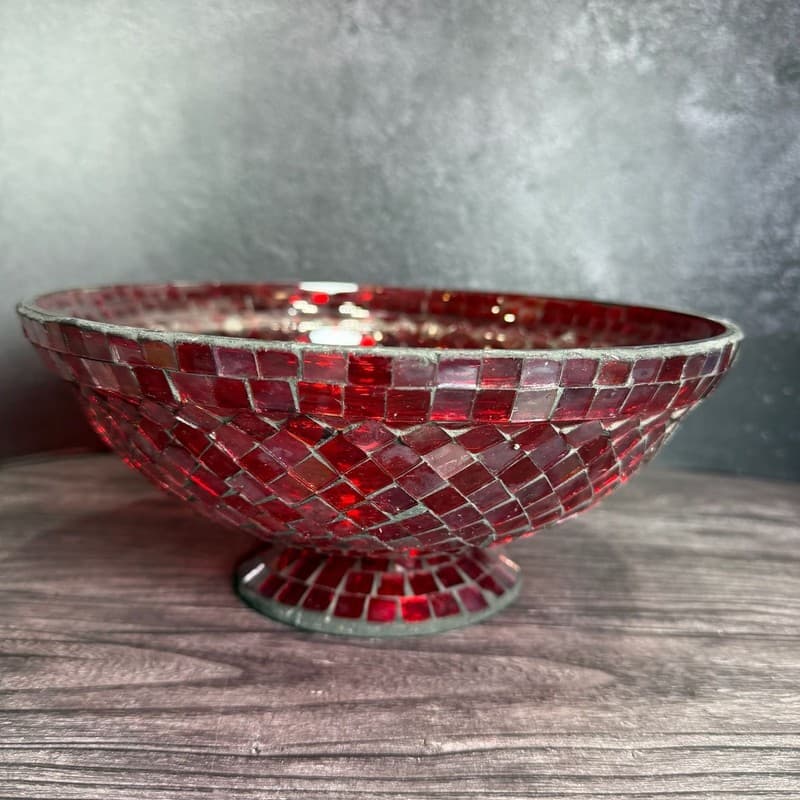 Vintage Red Glass Mosaic Footed Pedestal Decorative Centerpiece Bowl - Thumbnail 3