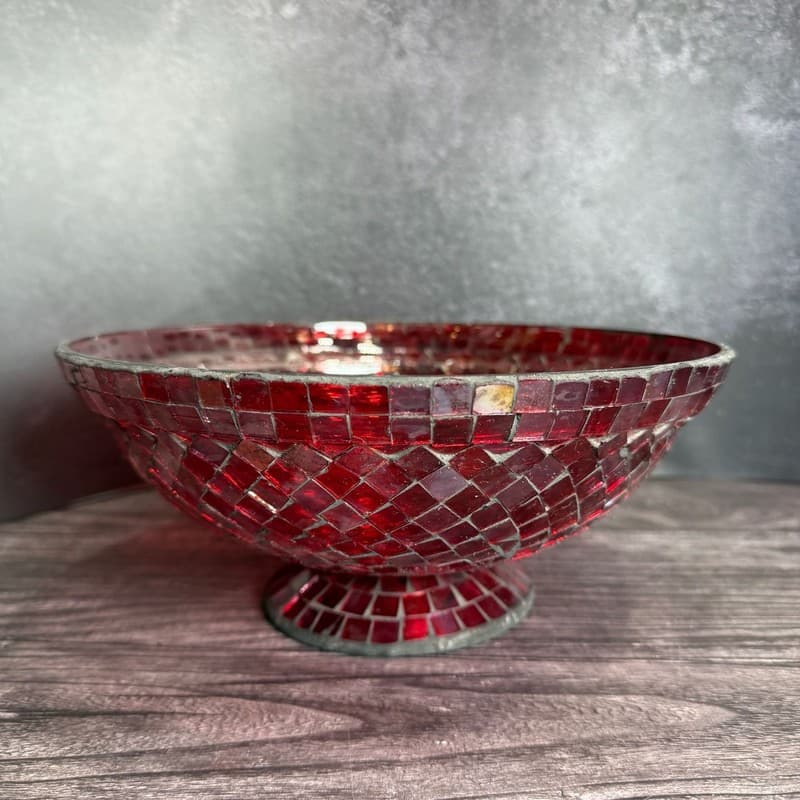 Vintage Red Glass Mosaic Footed Pedestal Decorative Centerpiece Bowl - Thumbnail 4