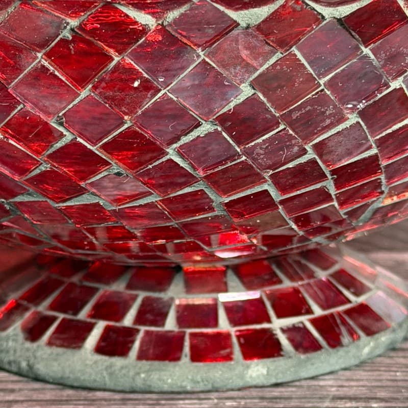 Vintage Red Glass Mosaic Footed Pedestal Decorative Centerpiece Bowl - Thumbnail 5